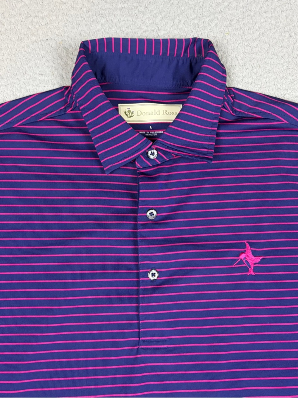 Donald Ross Polo Shirt Mens Large Blue & Pink Striped Performance Golf